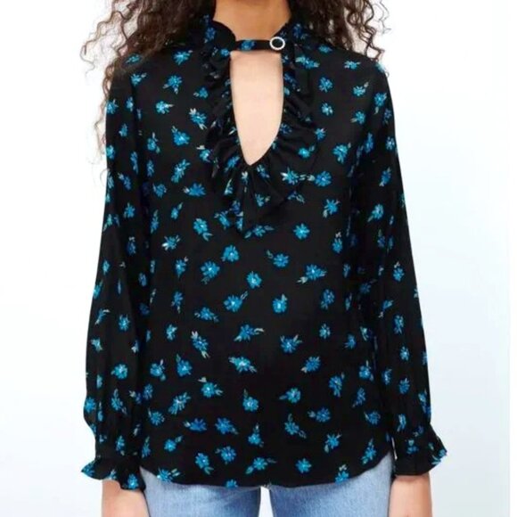 Zara Tops - Zara Black with Blue Flowers, Ruffle edge Sleeves Size MED EUC